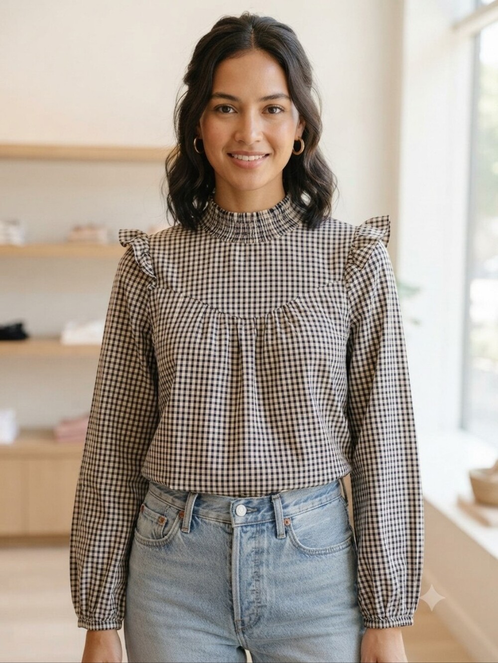 Shop the Mint Gingham Smocked Neck Ruffle Sleeve Blouse Size Sm Navy Beige